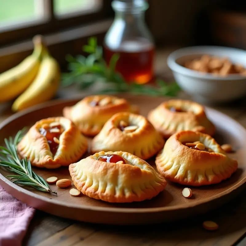 Bolenas de batata morada y queso de cabra horneadas, doradas y crujientes, dispuestas en una fuente de barro rústica. Se apprecian los bordes sellados con tenedor y un hilo de miel de palma canaria brillando sobre su superficie. Fondo con elementos canarios como gofio y hojas de plátano.