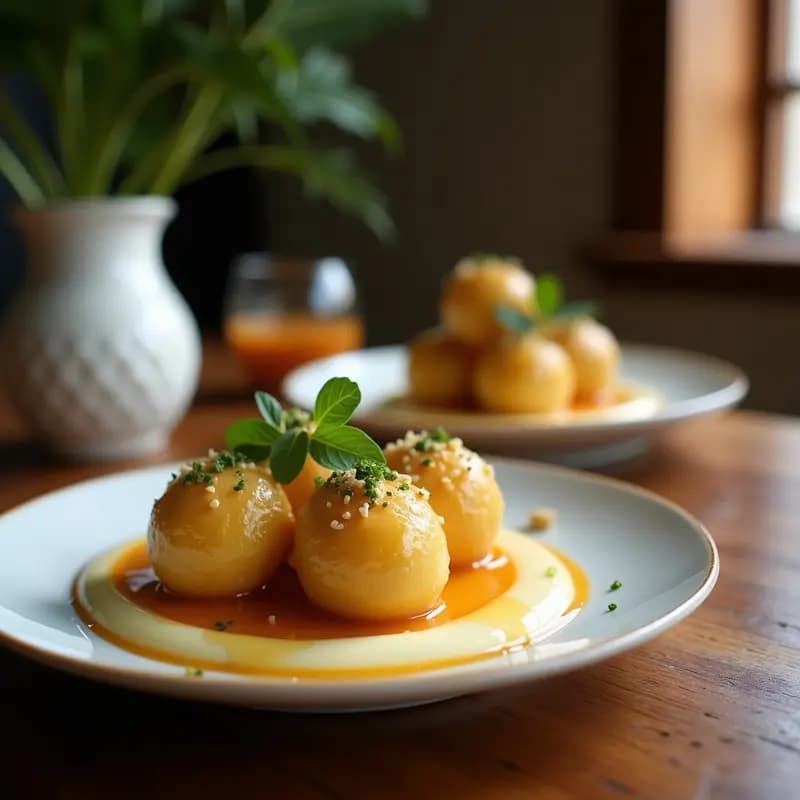 Plato blanco con trozos dorados de yuca cocida bañados en un caramelo brillante de coco, decorado con coco rallado tostado. Postre venezolano tradicional sin lácteos.