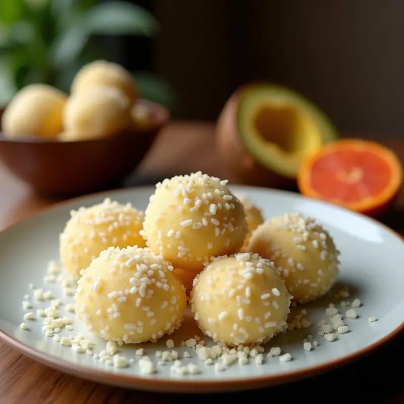 Boli de yuca y coco dorados al horno, con relleno de guayaba asomándose levemente, servidos en un plato rústico de barro sobre una mesa de madera con hojas de cocotero y trozos de guayaba fresca al lado.