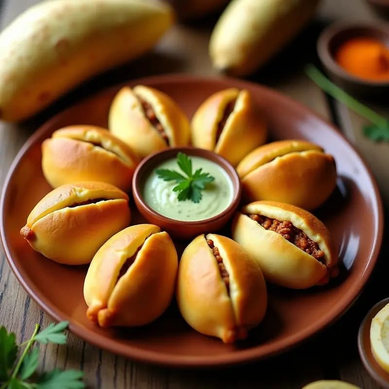 Boli de yuca abiertos por la mitad, rellenos de carne de jackfruit desmenuzada y dorada, servidos en plato de barro con salsa de ajiaco cremosa y verde de guascas, receta colombiana vegana.