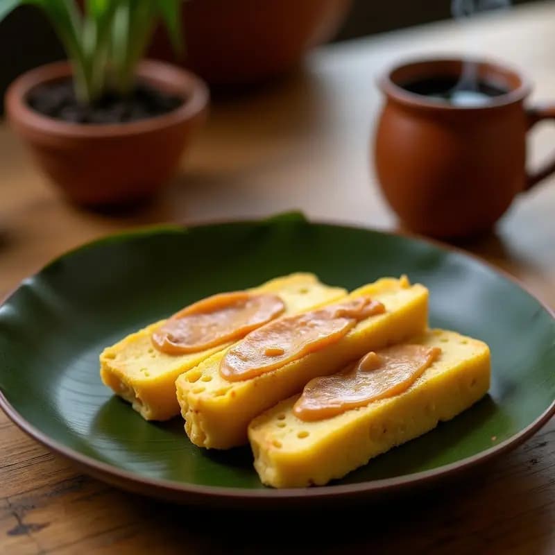 Boli de yuca dorado y crujiente con mantequilla de maní derretida y queso costeño desmenuzado, espolvoreado con cilantro fresco sobre fondo rústico de madera, desayuno colombiano tradicional.