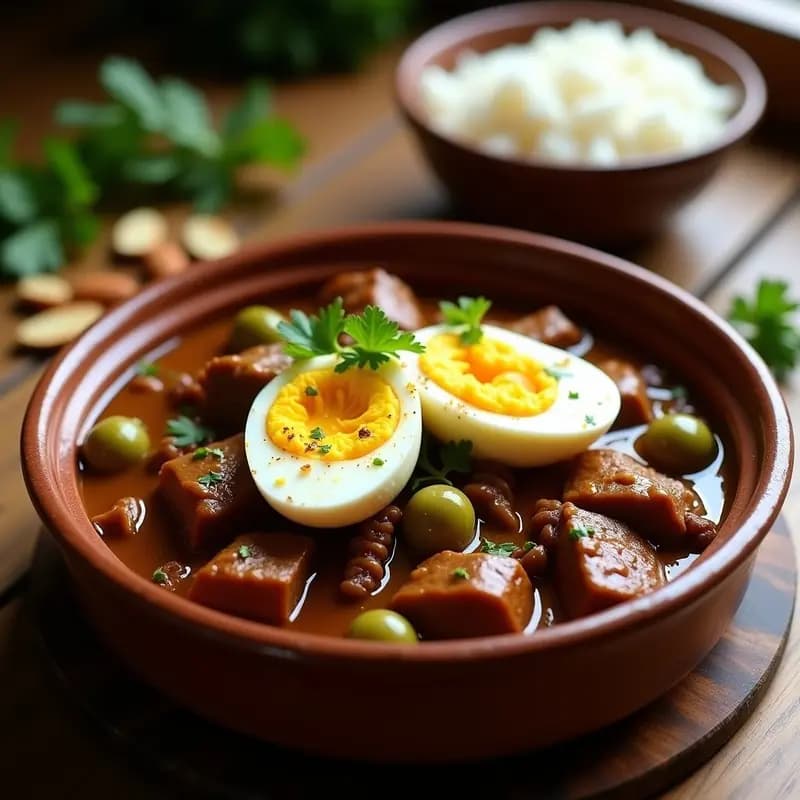 Cazuela de barro humeante con trozos tiernos de carne estofada, huevos duros enteros y un caldo espeso dorado, decorado con perejil fresco. Plato tradicional cubano de boliche con carne y huevo duro, alto en proteína.