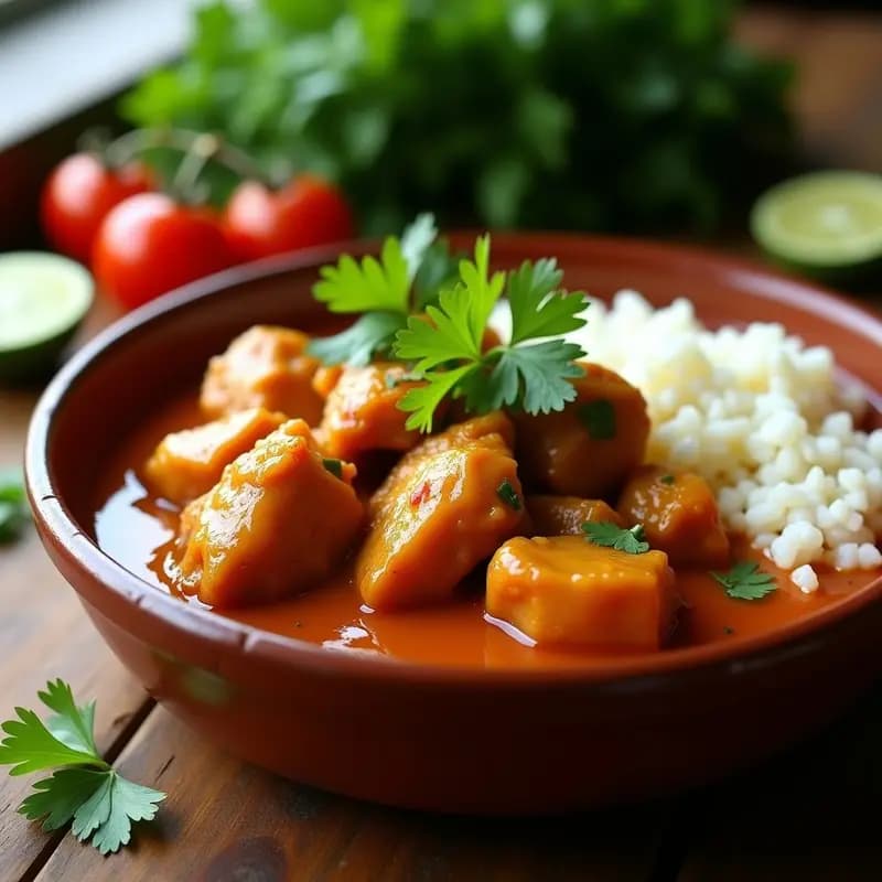 Plato hondo de barro con boliche de pollo desmenuzado bañado en mojo criollo dorado, acompañado de arroz blanco y rodajas de plátano maduro frito. Receta cubana en olla lenta alta en proteína.