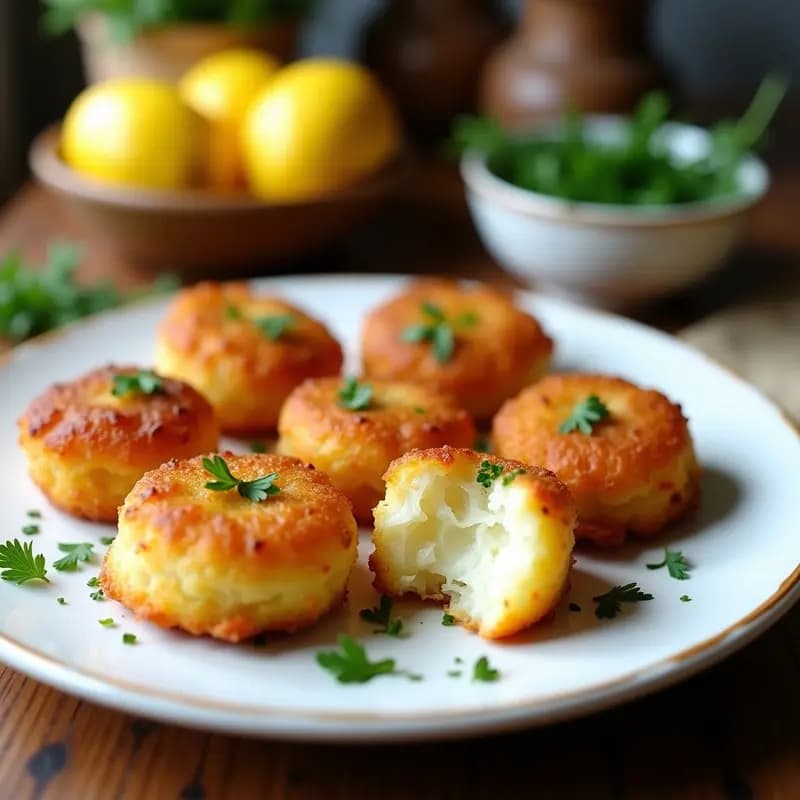 Bolinhas de bacalhau doradas y crujientes servidas en plato de cerámica blanca con perejil fresco espolvoreado, aperitivo portugués sin gluten.