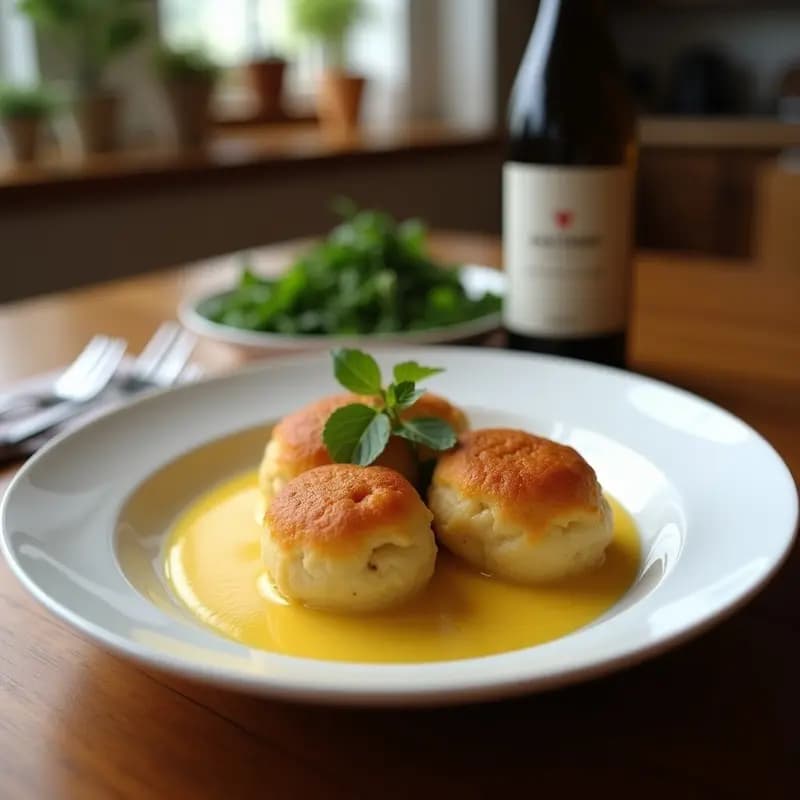 Bolinhas de bacalhau doradas y crujientes sobre un puré de coliflor cremoso, decoradas con perejil fresco y almendras fileteadas. Plato keto brasileño servido en un cuenco de barro rústico con un hilo de aceite de oliva.