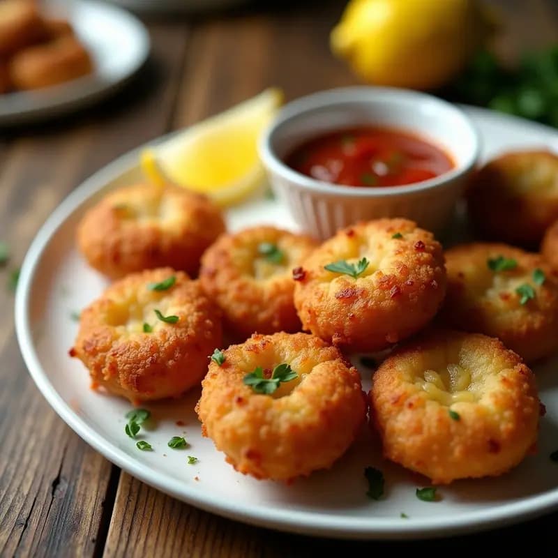 Bolinhas de bacalhau doradas y crujientes servidas en un plato blanco con salsa brava espesa en un cuenco pequeño. Decoradas con perejil fresco y acompañadas de gajos de limón. Aperitivo portugués tradicional preparado en airfryer.