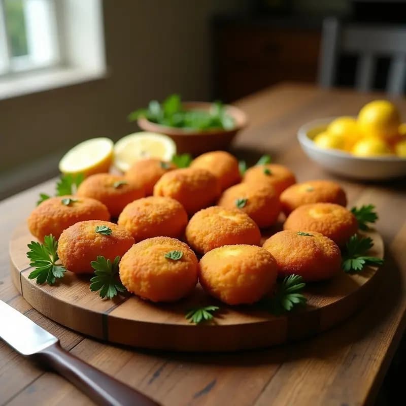 Bandeja de madera con Bolinhas de Estudo doradas y crujientes, albóndigas de bacalao y papa, servidas con rodajas de limón y perejil fresco, receta tradicional portuguesa en Airfryer.