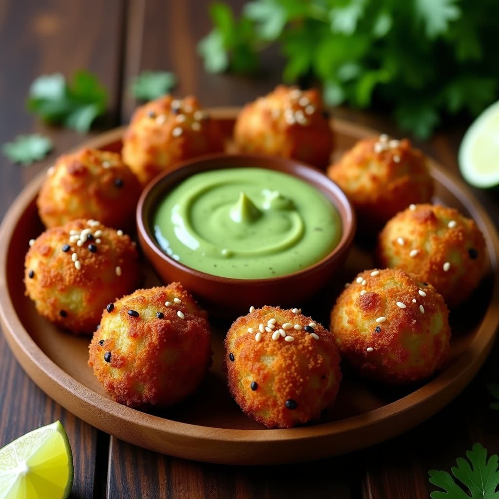 Bolinhas de feijão preto com farinha de banana doradas y crujientes dispuestas en un plato de madera rústico, acompañadas de una salsa verde cremosa y decoradas con semillas de sésamo. Receta keto brasileña en airfryer.