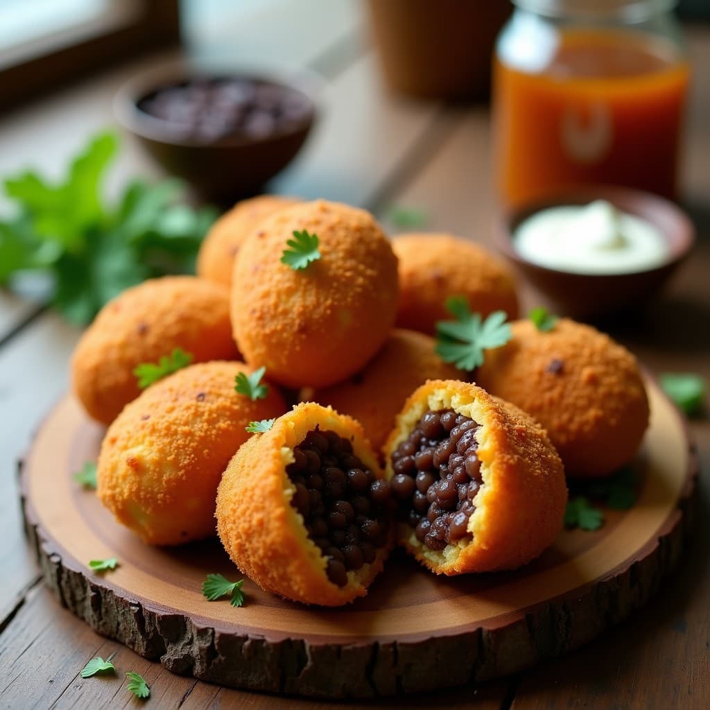 Bolinhas de feijoada vegana doradas y crujientes en Airfryer, servidas sobre un plato de madera con farofa de yuca esparcida alrededor y hierbas frescas. Receta brasileña auténtica y saludable.