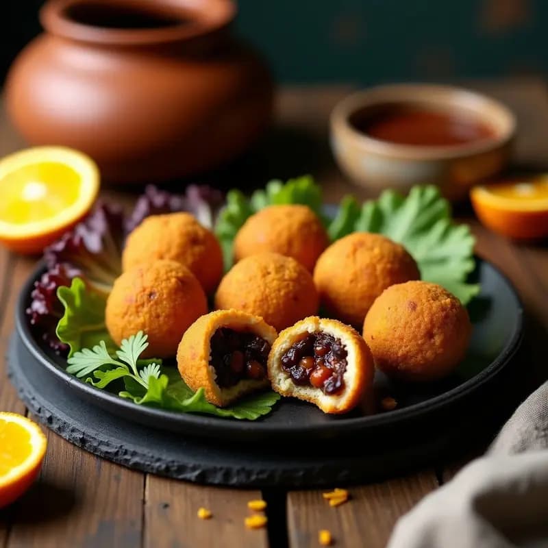 Plato de Bolinhas deStudy de Feijoada com Jaca veganas, doradas y jugosas, servidas en un bol de barro con caldo espeso, acompañadas de arroz blanco y farofa de coco, sobre una mesa de madera rústica.