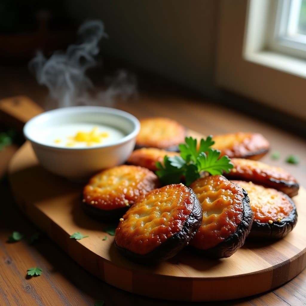 Bandeja de madera con Bolinhas de Feijoada Vegana doradas y crujientes, hechas con hongos portobello y berenjena, servidas con salsa de yogur vegano y perejil fresco. Receta brasileña en Airfryer.
