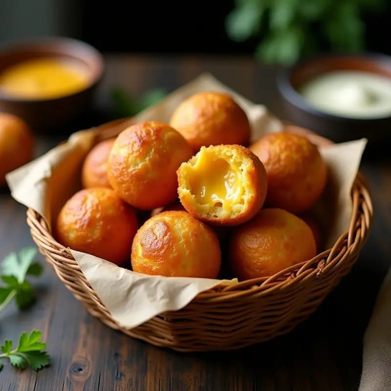 Bolinhas de Feira doradas y crujientes con queso coalho derretido por dentro, servidas en un plato de madera rústico con salsa de yogur al lado. Receta brasileña en Airfryer sin aceite.