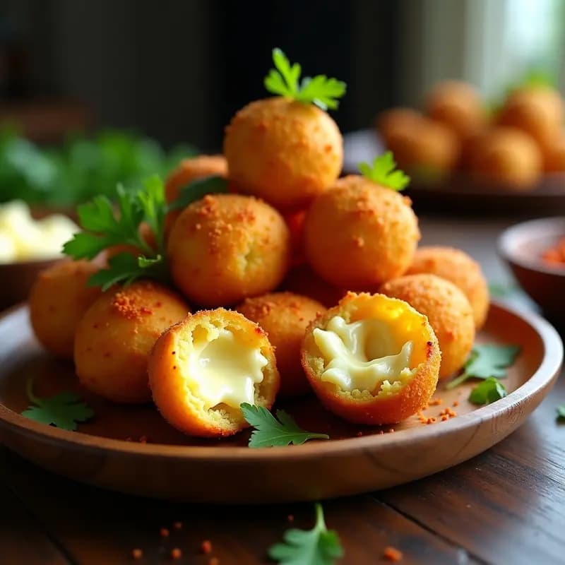 Bolinhas de Queijo de Tapioca y Queso Minas doradas y crujientes, recién hechas en Airfryer, servidas en un plato de madera con hierbas frescas y un cuenco de salsa al lado. Receta brasileña sin gluten.