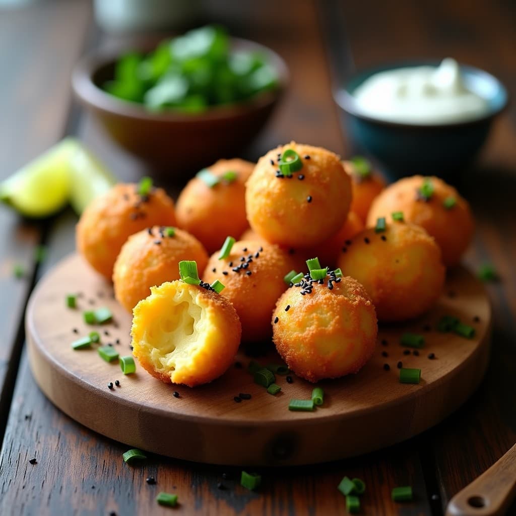 Bandeja de madera con bolinhas de queijo vegano doradas y crujientes, espolvoreadas con semillas de sésamo negro y cebollino fresco, receta brasilera en Airfryer.