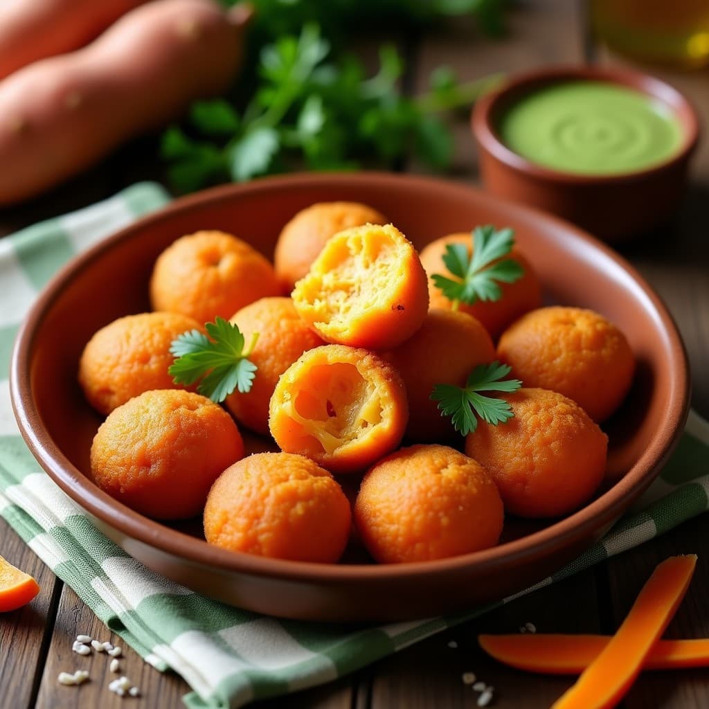 Boliños de bacalao y batata dorados y crujientes servidos en un plato de barro rústico, con un bol pequeño de mojo verde al lado, receta canaria tradicional adaptada al airfryer.