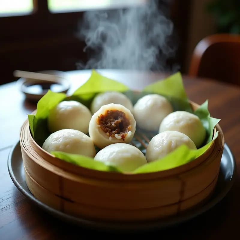 Bolis de arroz con cerdo y hongo shitake al vapor servidos en cesta de bambú, con hojas verdes y semillas de sésamo, receta tradicional china.