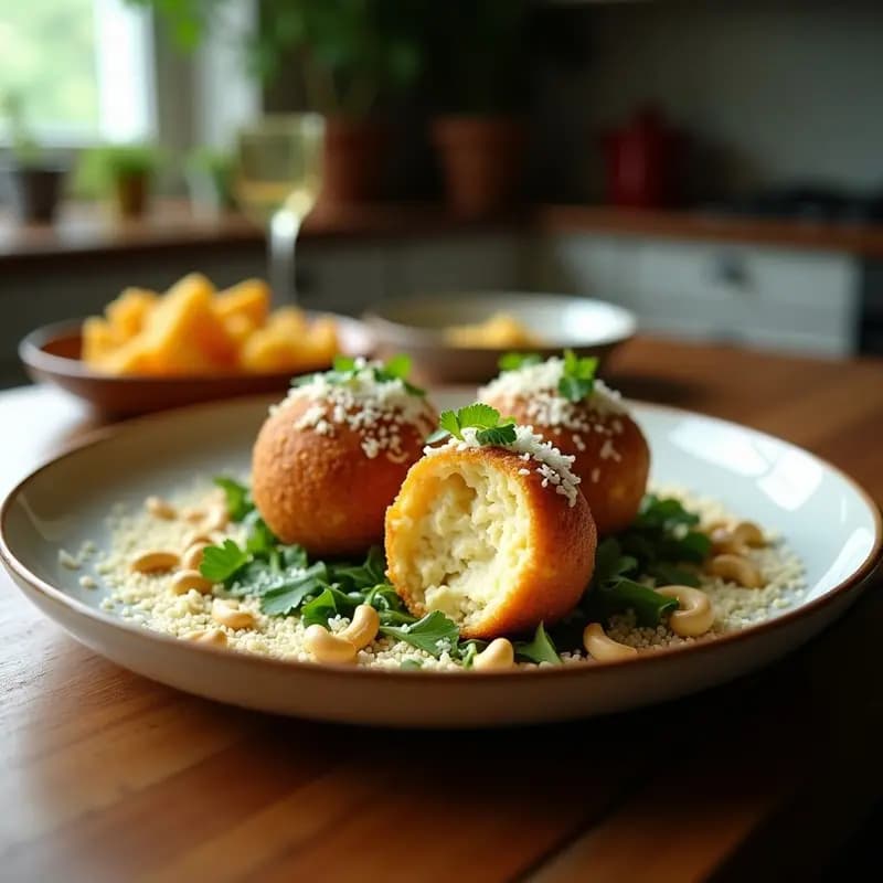 Bolitas de queso de anacardos y cilantro rebozadas en coco rallado, servidas en un plato blanco con hojas de cilantro fresco y un fondo rústico de madera. Receta de aperitivo tailandés vegano, crujiente y fácil.