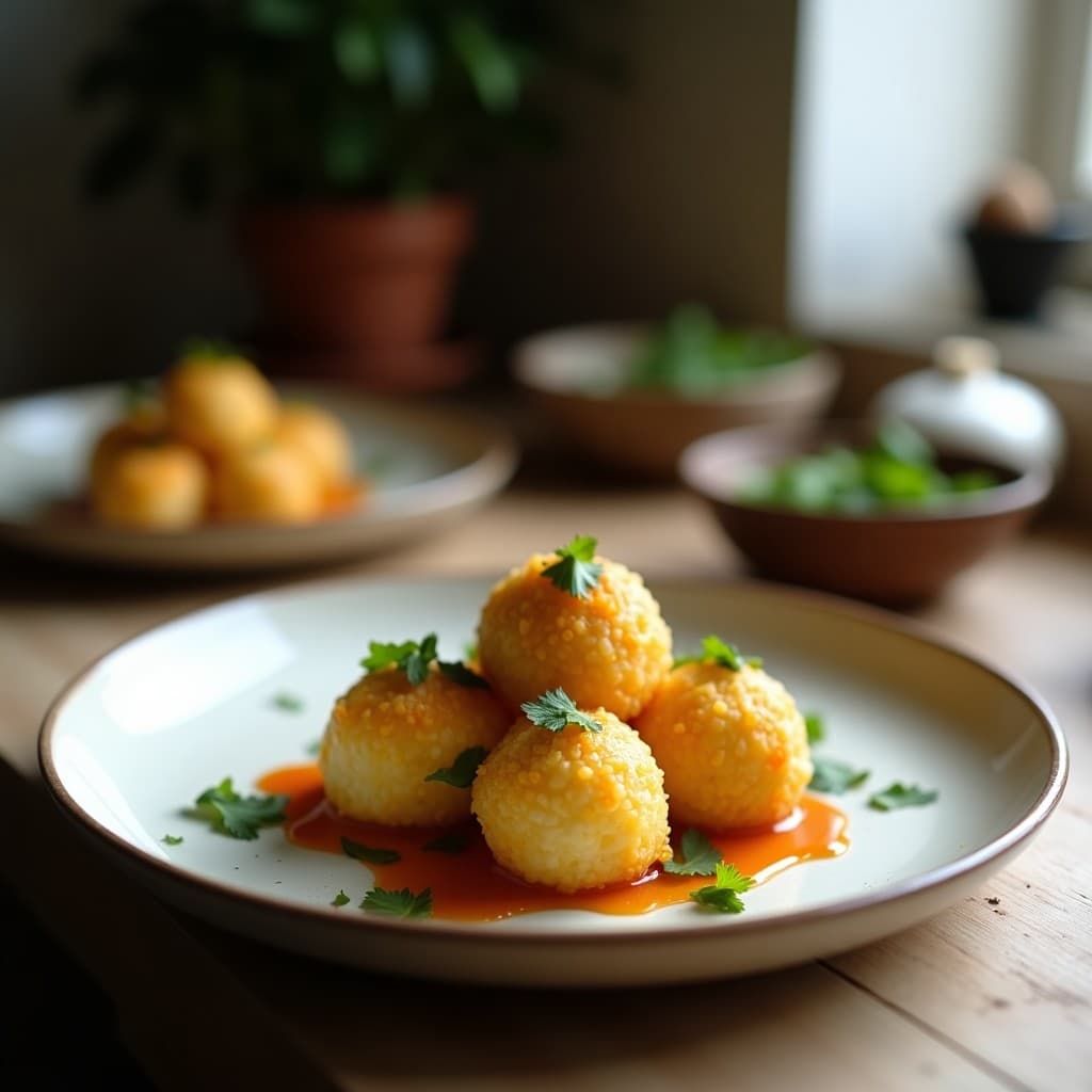 Bolitas doradas y crujientes de arroz integral rebozadas en semillas de sésamo negro, servidas en un plato de madera con algas wakame visibles en su interior. Acompañadas de una salsa cremosa en un bol pequeño al lado, sobre un fondo rústico que resalta su textura y color.