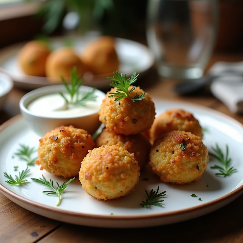 Bolitas doradas y crujientes de arroz salvaje con champiñones y hierbas provenzales, servidas en un plato blanco con dip de yogur y eneldo, receta francesa en airfryer.