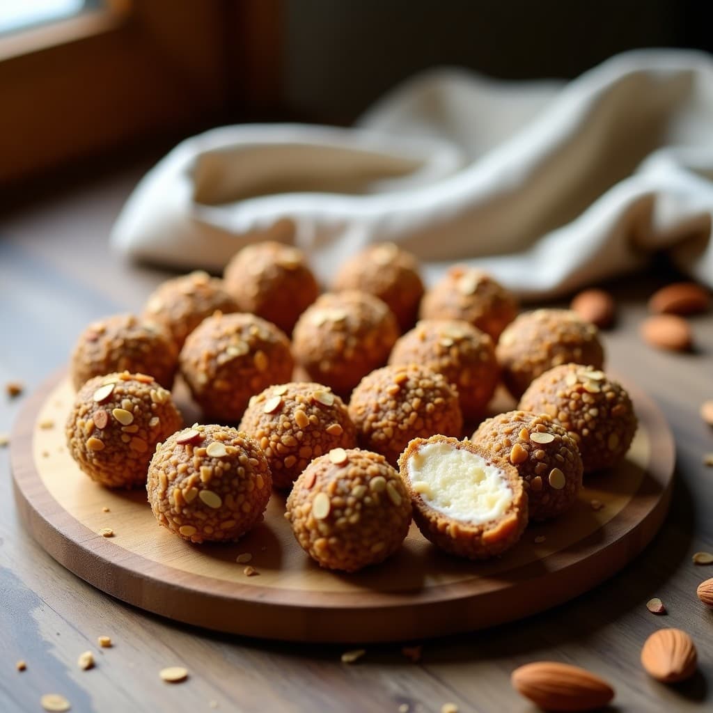 Bolitas de avena y dátiles con relleno de pasta de almendras, cubiertas de almendras fileteadas tostadas, dispuestas en una bandeja de madera rústica con fondo borroso.
