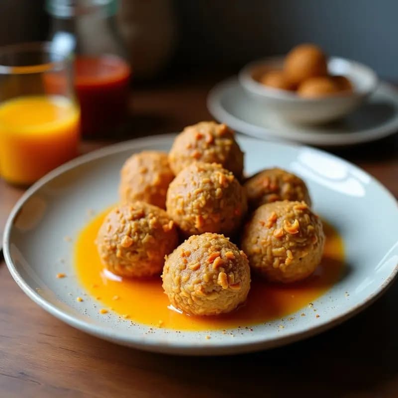 Bolitas de avena y polvo de lúcuma dispuestas en un plato de cerámica blanca, con coco rallado por encima y un fondo rústico de madera. Postre peruano sin azúcar, dorado y con textura crujiente.