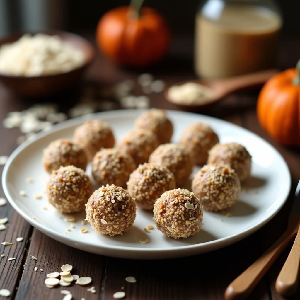 Bolitas energéticas de avena y proteinado de guisante cubiertas de coco rallado, con un toque ahumado de chipotle, servidas en un plato blanco sobre fondo rústico.