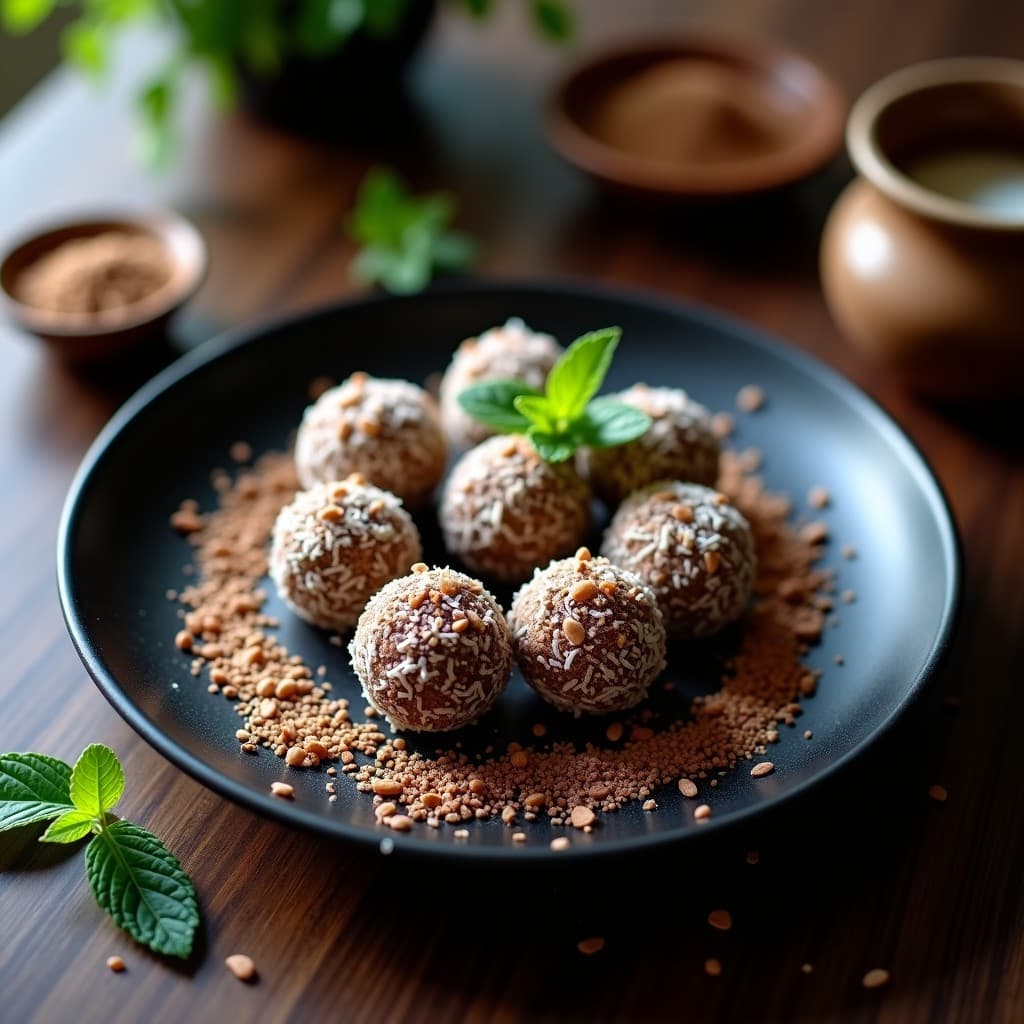 Bolitas energéticas de café y cacao con semillas de baobab, rebozadas en coco rallado, sobre un plato negro con detalles dorados y hojas de menta fresca.