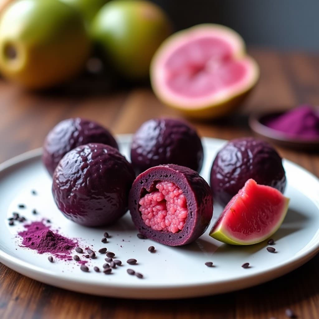 Bolitas de chía y té morado con relleno de guayaba, snack antioxidante sin cocción, presentadas en un plato blanco con semillas de chía y trozos de guayaba fresca alrededor.