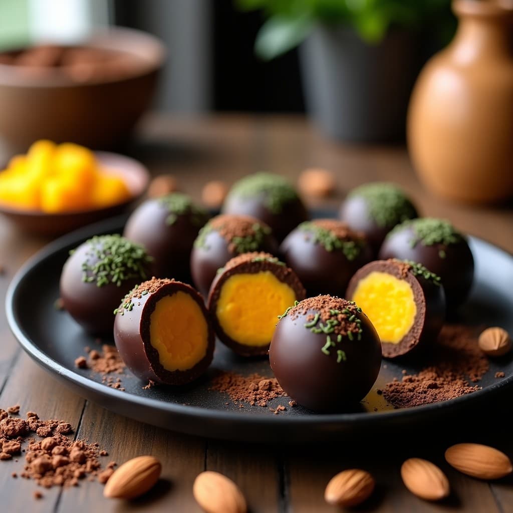 Bolitas redondas de chocolate negro brillante con vetas verdes de espirulina, cortadas por la mitad para mostrar su relleno dorado de mango liofilizado. Sobre fondo de madera oscura con trozos de mango y cacao en polvo esparcidos.
