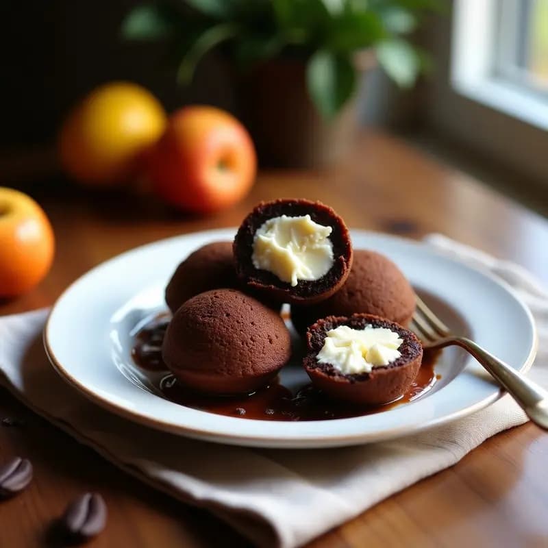 Bolitas redondas de chocolate y queso crema con cacao puro, cubiertas de coco rallado, dispuestas en una bandeja de madera rústica con hojitas de menta y virutas de cacao como decoración. Postre colombiano keto sin azúcar.