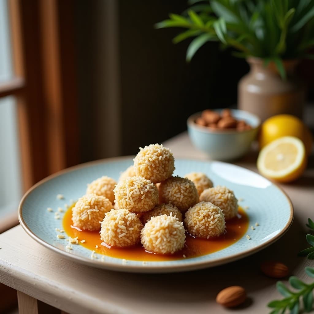 Bolitas doradas de coco y lemongrass con almendras, snack antiinflamatorio sin cocción, servidas en un plato blanco sobre fondo de madera con hojas de lemongrass y almendras fileteadas decorando.