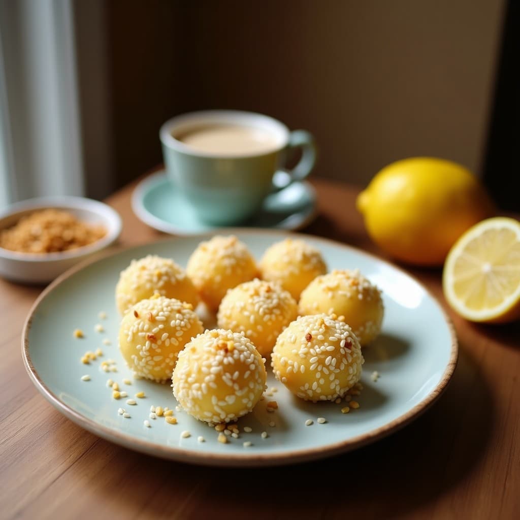 Bolitas de coco y limón con semillas de sésamo en un plato de cerámica blanca, decoradas con ralladura de limón y semillas de sésamo tostadas, postre tailandés sin gluten.