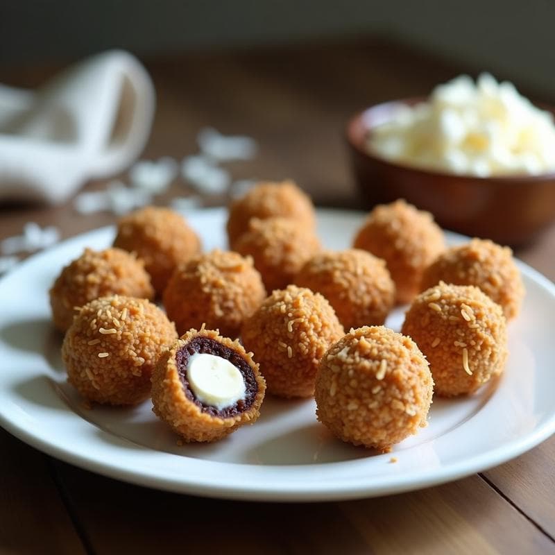 Bolitas redondas de color marrón dorado rebozadas en coco rallado, con vetas de queso de cabra asomando por el centro, servidas en un plato blanco sobre fondo rústico de madera. Snack keto sin horno de dátil, almendra y queso de cabra.