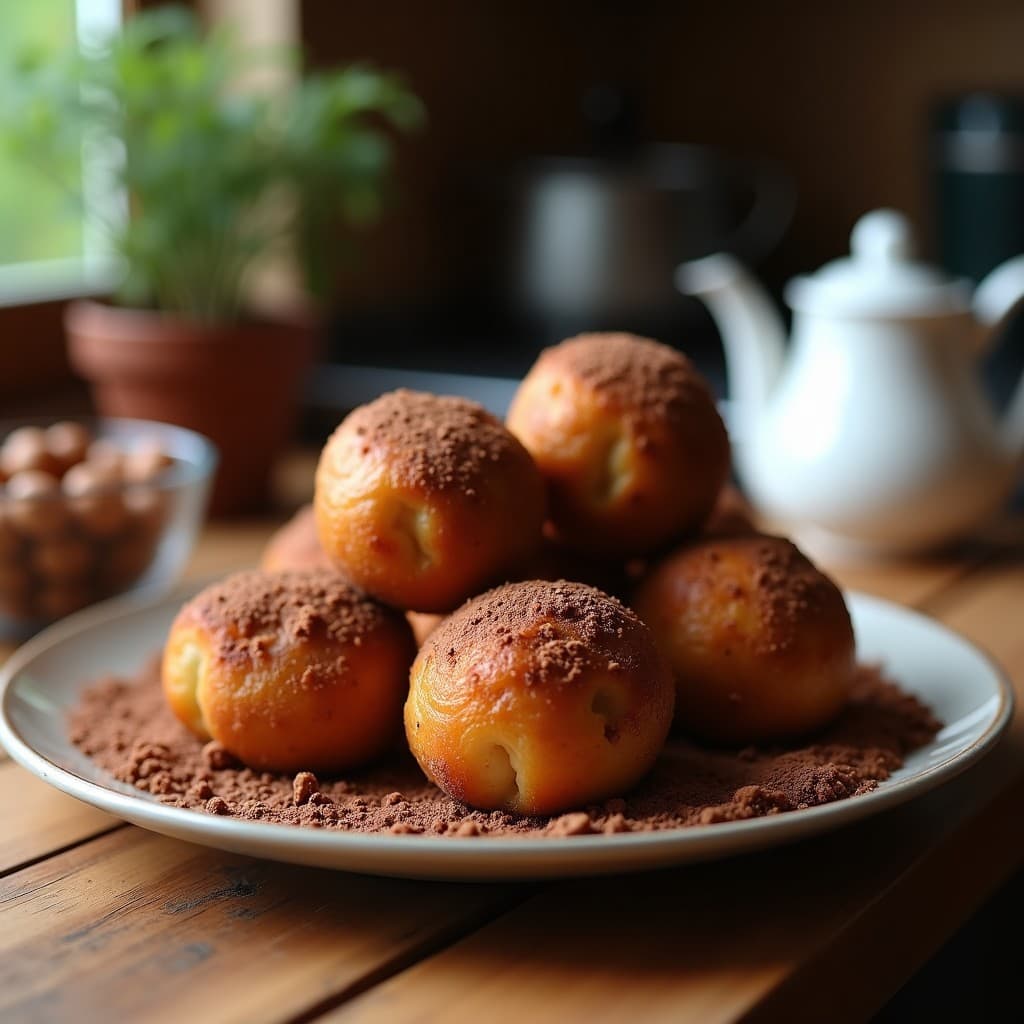 Bolitas de dátil y nuez con cacao crudiveganas, cubiertas de coco rallado, dispuestas en una bandeja de madera con fondo borroso. Postre energético sin azúcar y vegano.