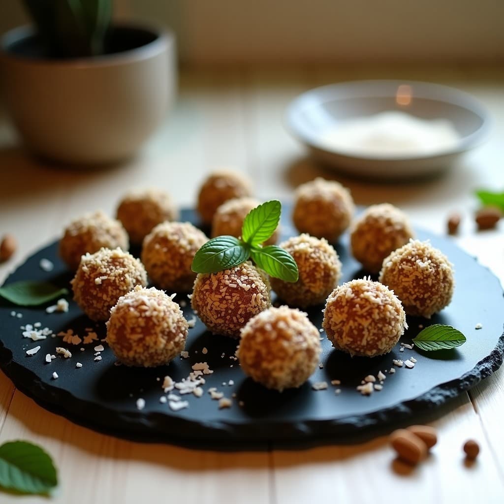 Bolitas de dátil y nuez con esencia de cardamomo, snack energético vegano sin horno, decoradas con coco rallado y nueces picadas sobre un plato negro rústico con hojas de menta fresca.