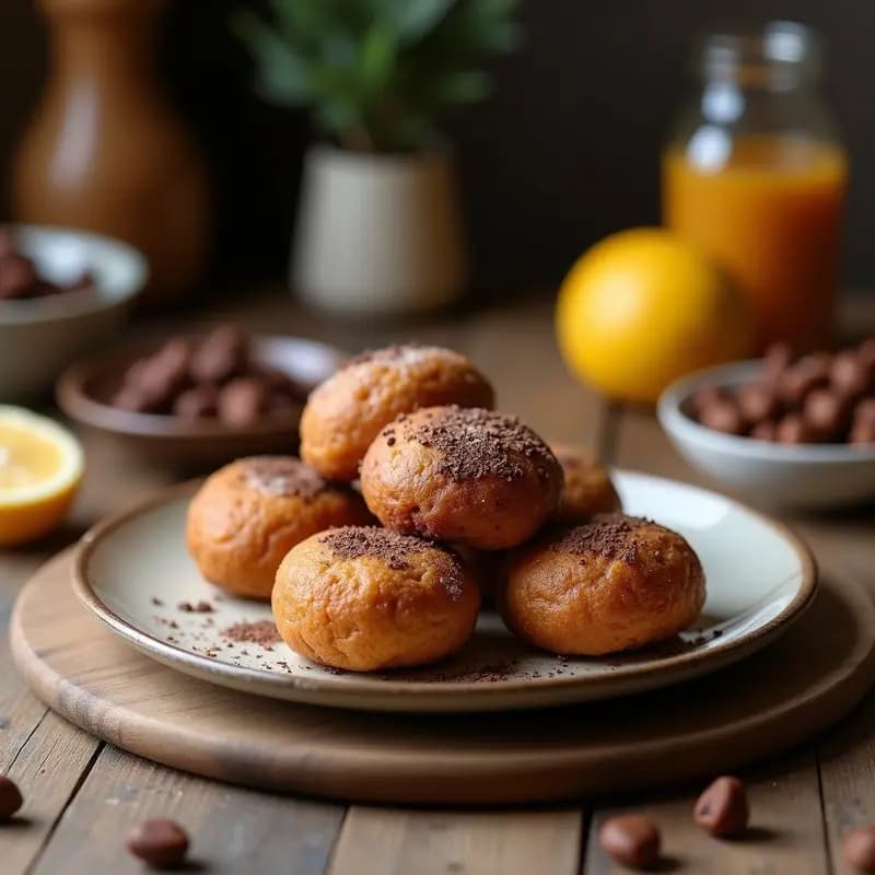 Bolitas de dátil y nuez bañadas en chocolate negro 100%, con textura brillante y espolvoreadas de coco rayado, servidas en un plato blanco sobre fondo rústico de madera.