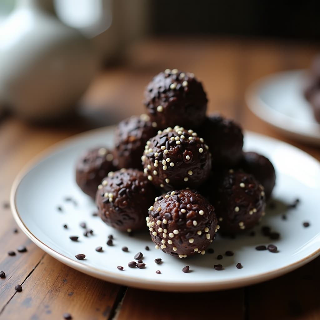 Bolitas energéticas de dátil y sésamo negro dispuestas en un plato de cerámica blanca, con semillas de sésamo negro esparcidas alrededor y un fondo rústico de madera.