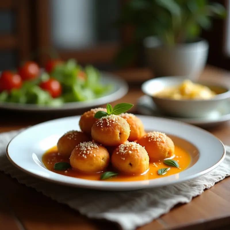 Bolitas redondas de color marrón oscuro con trocitos verdes de alga nori y cubiertas de sésamo blanco, servidas en un plato de cerámica negra sobre fondo de madera. Snack japonés sin azúcar y rico en yodo.