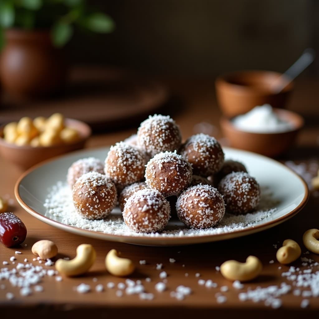 Bolitas de dátiles y nuevo de anacardo con coco rallado sobre una bandeja de madera oscura, decoradas con semillas de sésamo negro y un hilo de nuevo de anacardo líquido, postre árabe sin horno.