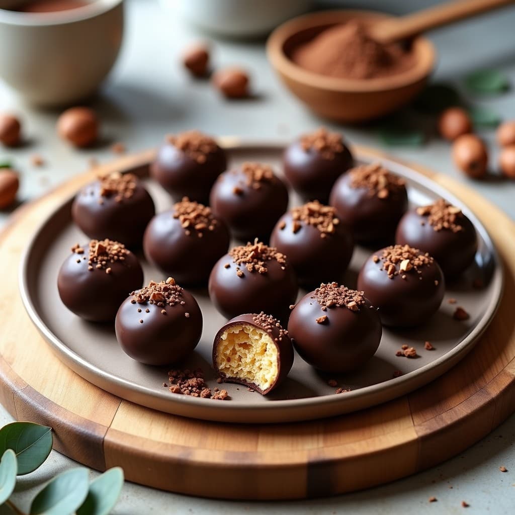 Bolitas redondas de color marrón oscuro con cobertura brillante de cacao y trocitos de nuez de macadamia, dispuestas en bandeja de madera rústica con fondo de hojas de eucalipto, snack australiano keto sin horno.