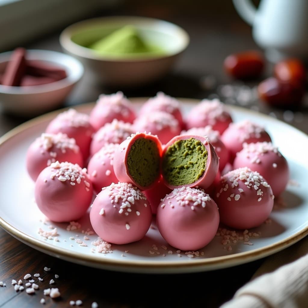 Bolitas de dátiles y matcha con cobertura de chocolate rubí brillante, decoradas con coco rallado, sobre un plato blanco de cerámica con fondo de madera oscura.