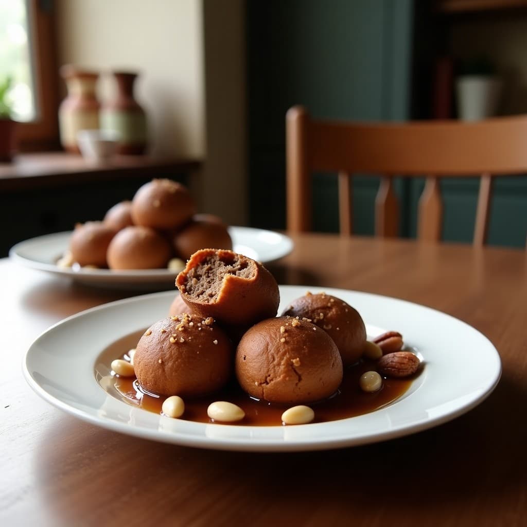 Bolitas redondas de color marrón oscuro rebozadas en coco rallado y trozos de nuez, dispuestas en un plato blanco rústico con un fondo de madera. Aperitivo energético sin azúcar de dátiles, nueces y cacao.