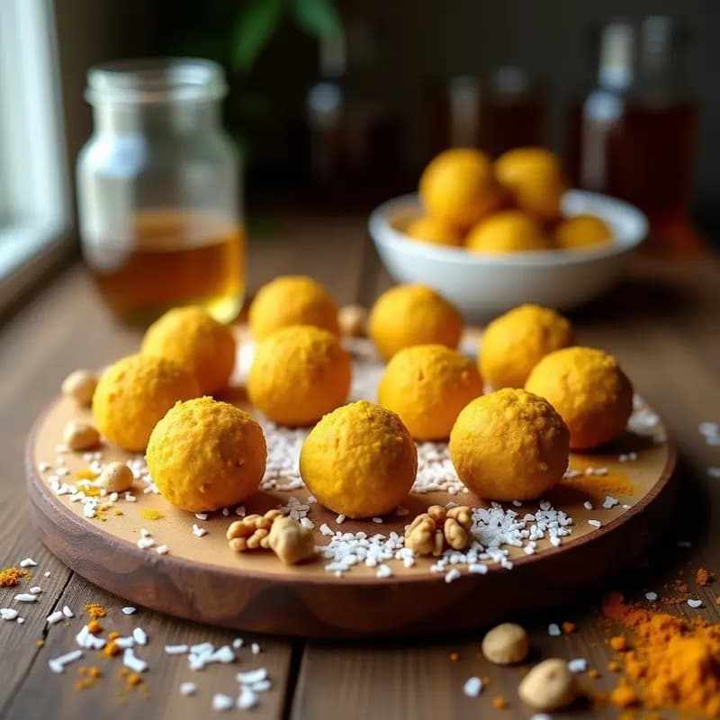 Bolitas doradas de dátiles y nueces con cúrcuma, cubiertas de coco rallado, dispuestas en un plato blanco sobre fondo rústico, snack energético sin azúcar ideal para tupper.