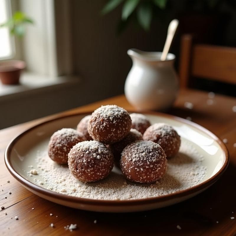 Bolitas de dátiles y nuevo de coco con cobertura de cacao y coco rallado, postre raw sin azúcar, dispuestas en bandeja de madera con fondo borroso.