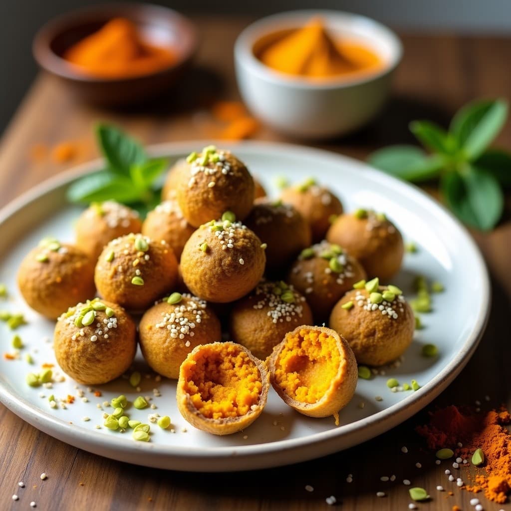 Bolitas de dátiles y pistacho con cúrcuma dispuestas en un plato blanco rústico, cubiertas de coco rallado y trocitos de pistacho, con un fondo de especias y hojas de menta fresca.