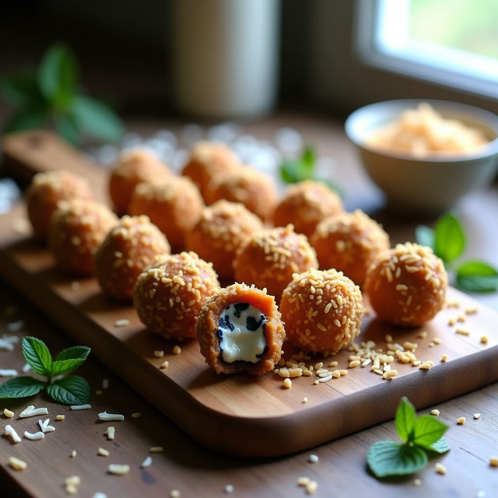 Bolitas de dátiles Medjool rellenas de queso azul vegano, cubiertas de coco rallado tostado dorado, servidas en bandeja de madera rústica con hojas de menta y luz natural suave.