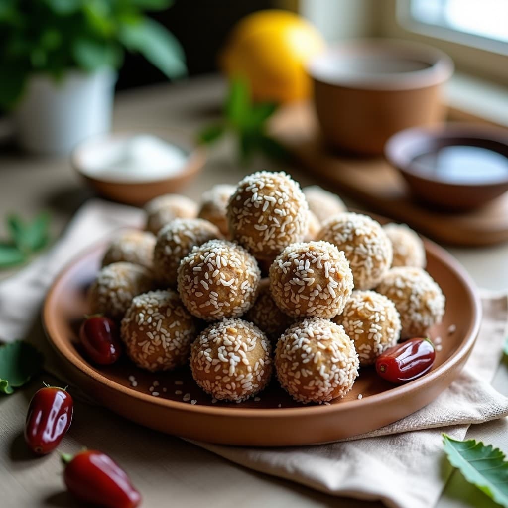Bolitas de energía de dátiles y semillas de cáñamo dispuestas en un plato de madera rústico, cubiertas de coco rallado y semillas de cáñamo visibles, con un fondo de tela de lino y hojas verdes. Snack vegano sin cocción alto en omega-3.