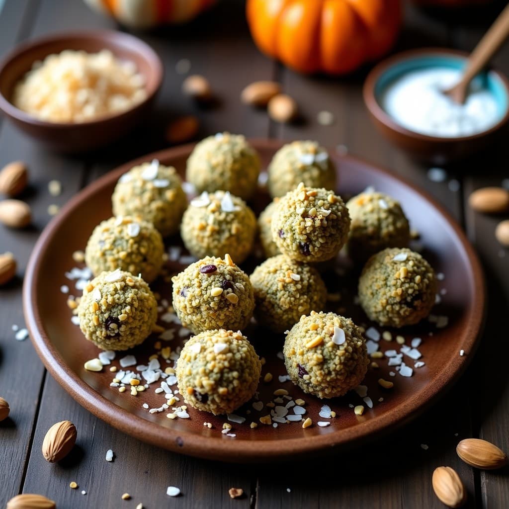 Bolitas de energía de dátiles y pistacho keto sin horno, cubiertas de coco rallado, sobre un plato de madera con pistachos y semillas de calabaza esparcidos. Snack saludable alto en magnesio.