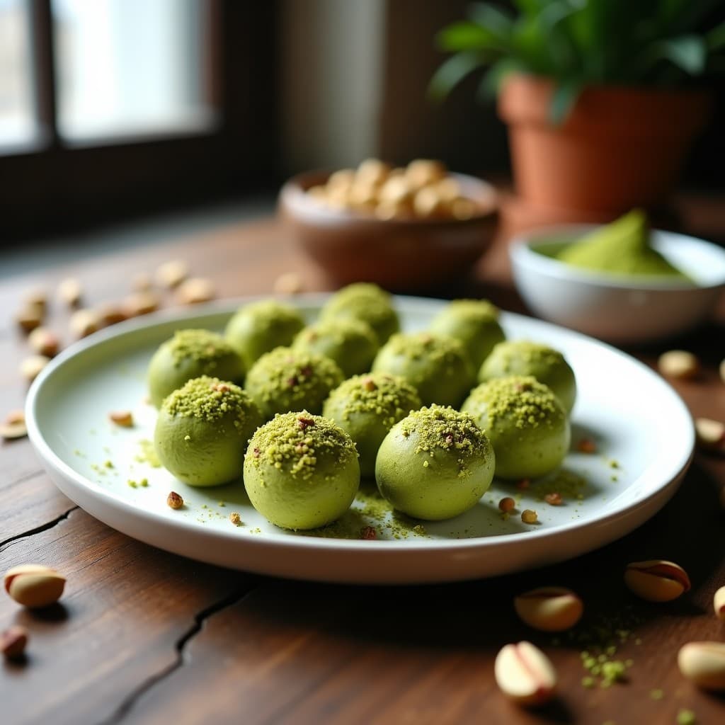 Bolitas de energía de matcha y pistacho keto, snack sin azúcar para deportistas, servidas en un plato blanco con fondo de madera rústica y decoradas con pistachos picados.