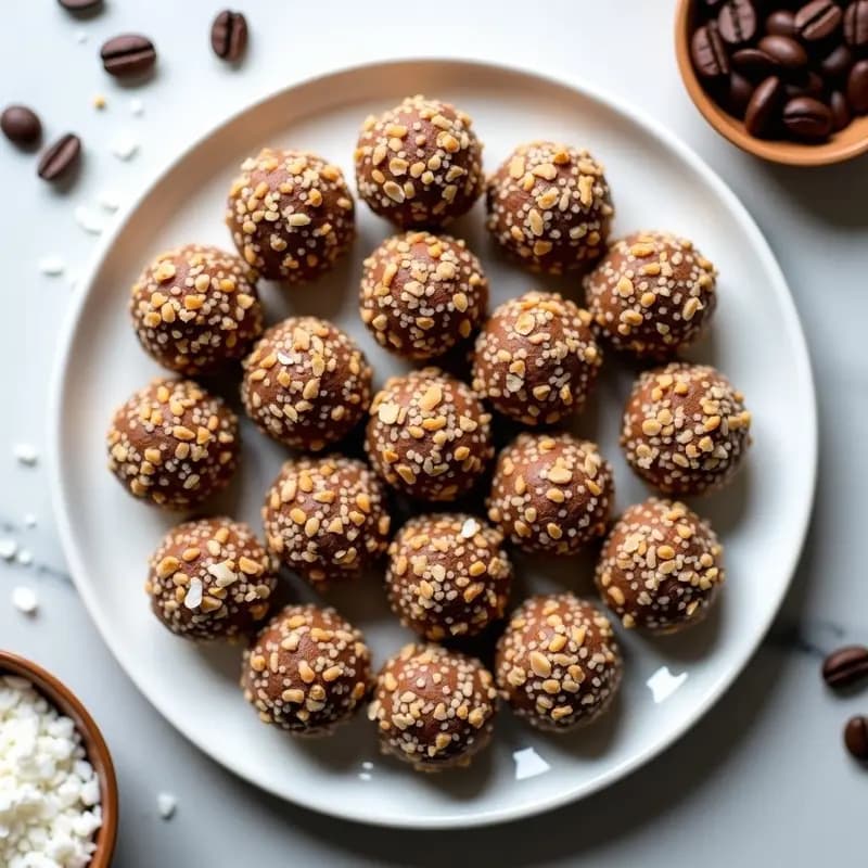 Bolitas de energy de cacahuete y café keto dispuestas en un plato blanco, con textura compacta y cubiertas de coco rallado, sobre un fondo rústico de madera con granos de café y cacahuetes esparcidos.